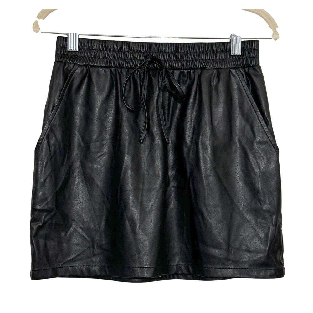 Shinestar Skirt Black Faux Leather Drawstring Elastic Waist Womens S Mini Edgy